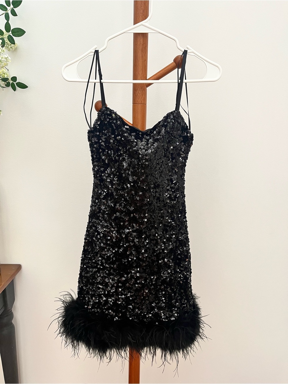 12th Tribe Black Sequin Feather Hem Mini Dress